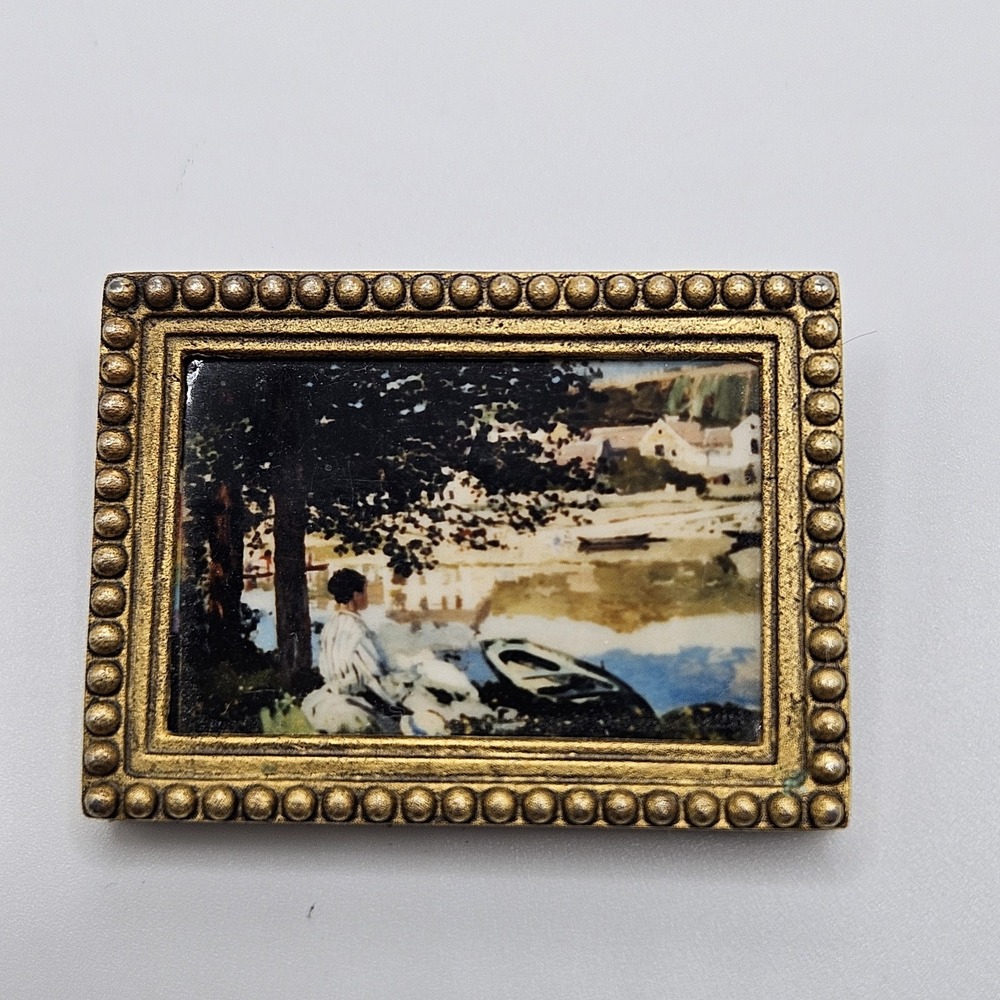 Vintage Framed Art Brooch Pin Picture Rectangle Felt Backing